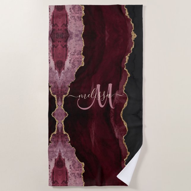 Serviette De Plage Chic Bourgogne Or Parties scintillant Agate Person (Devant)