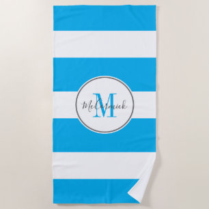 Serviette De Plage Chic Ciel Bleu Blancs Monogramme Personnalisé