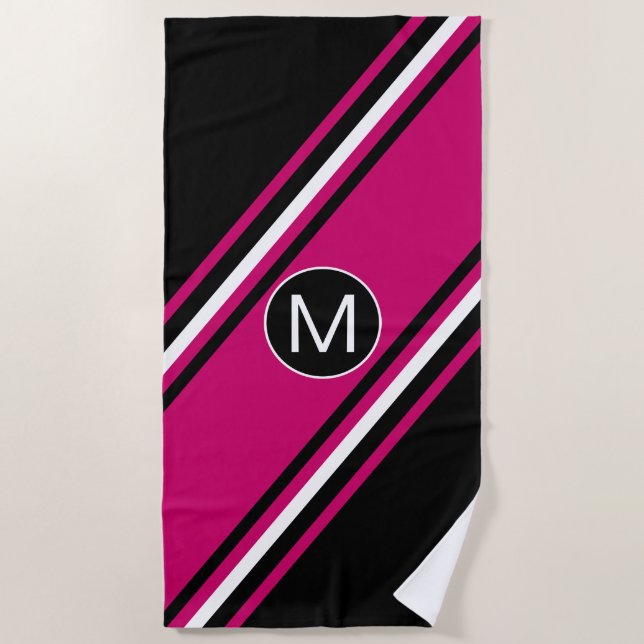 Serviette De Plage Chic cranberry rose noir et blanc monogramme (Devant)