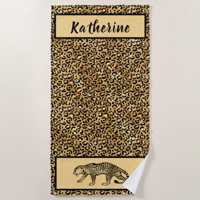 Serviette De Plage Chic Léopard Or Noir Tan Personnalisé (Devant)