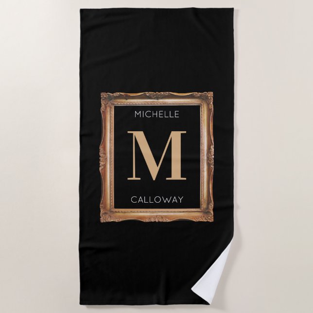 Serviette De Plage Chic Monogramme noir et or (Devant)