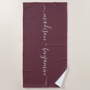 Serviette De Plage Chic Monogramme nouvellement marié Noms Bourgogne