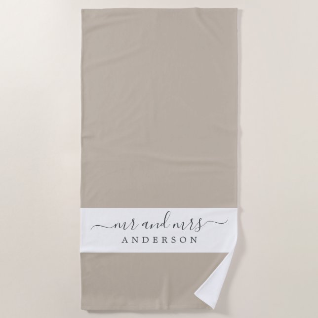 Serviette De Plage Chic Newlysée M. Mme Gray White Monogrammed (Devant)