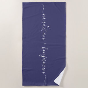 Serviette De Plage Chic Nouveau marié Monogramme Noms Marine Bleu