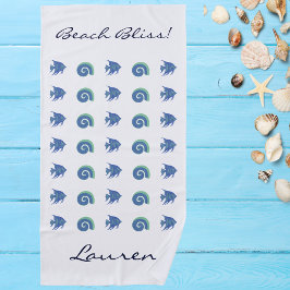Serviette De Plage Chic Ocean Blue White Coques et nom du poisson