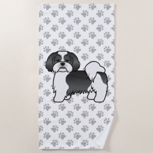 Serviette De Plage Chien de dessin animé mignon Lhasa Apso noir et bl