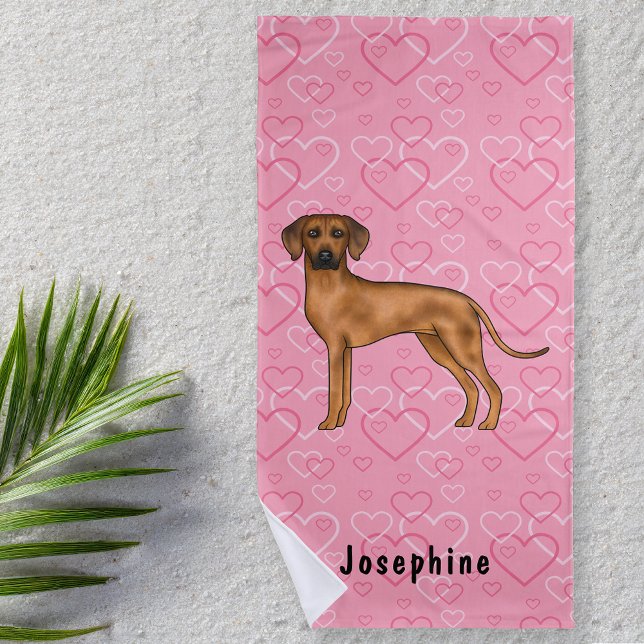 Serviette De Plage Chien Rhodesian Ridgeback Sur Coeurs Rose Avec Nom (Créateur téléchargé)