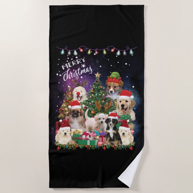 Serviette De Plage Chiens Joyeux Noël Lumière (Devant)
