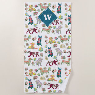 Serviette De Plage Chiens Motif et Vintage Aquarelle Fleurs Monogramm