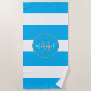 Serviette De Plage Ciel bleu bleu personnalisé rayures blanches Monog