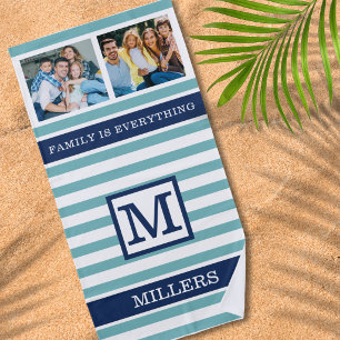 Serviette De Plage Citation de monogramme de famille 2 Photo rayure s