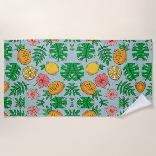 Serviette De Plage citron d'ananas tropical et motif de fleurs roses