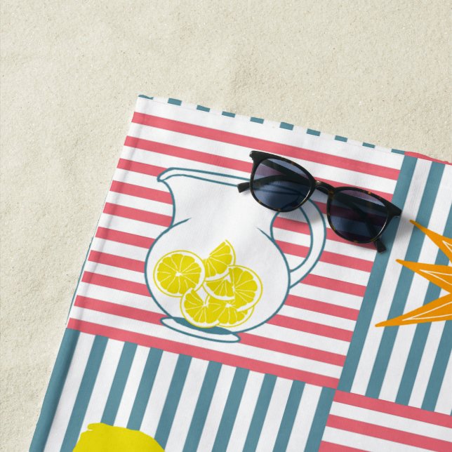 Serviette De Plage Citrons jaunes Grandes Turquoises roses (En situation)