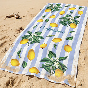 Serviette De Plage Citrons Méditerranéens Vintage Bandes Bleues Nom