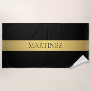 Serviette De Plage Classy Faux Gold Stripe & Black Arrière - plan ou