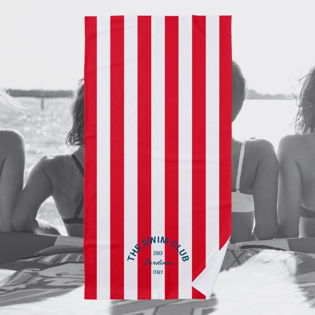 Serviette De Plage Club de natation Blue Crest Red Cabana Stripe (Créateur téléchargé)