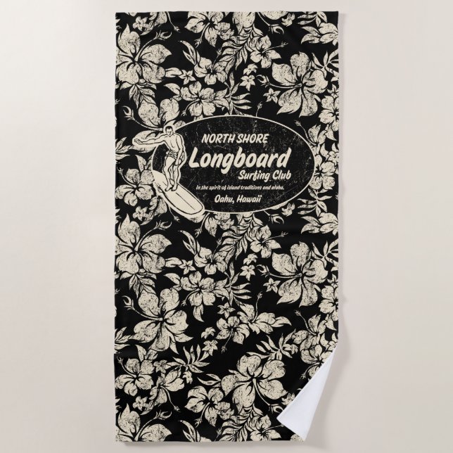 Serviette De Plage Club Surf Longboard Logo Hibiscus Aloha - Noir (Devant)