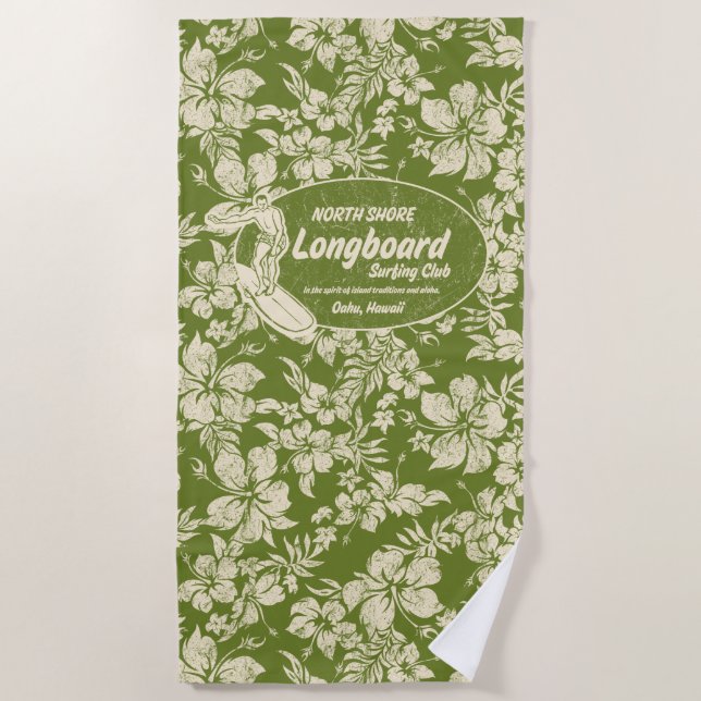 Serviette De Plage Club Surf Longboard Logo Hibiscus Aloha- Vert (Devant)