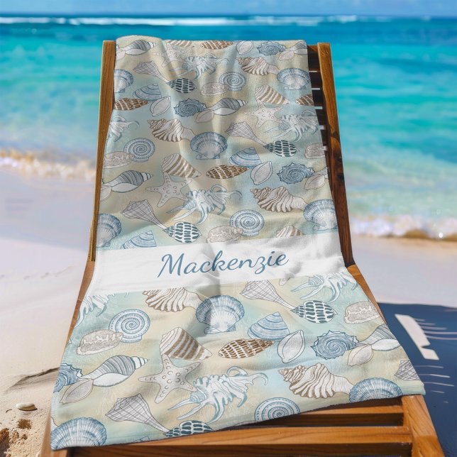 Serviette De Plage Coastal Aqua Blue Sand Seashells Personnalisé (Créateur téléchargé)