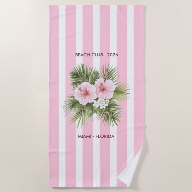 Serviette De Plage Coastal Chic Beach Club Pink Stripe Tropical (Devant)