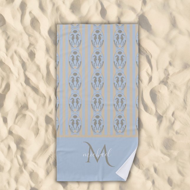 Serviette De Plage Coastal Seahorse Cameo Blue Cream Strip Monogram  (Créateur téléchargé)