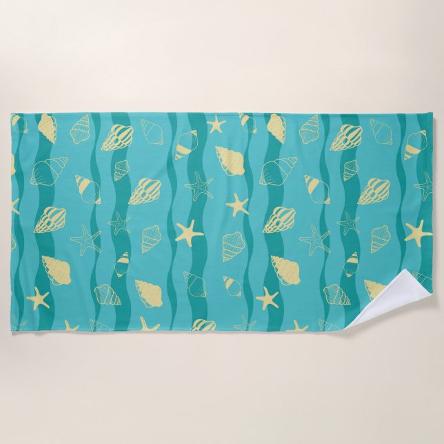 Serviette De Plage Coastal Waves & Seashell Pattern (Devant)