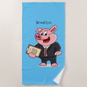 Serviette De Plage Cochon amusant en costume d'affaires dessin animé