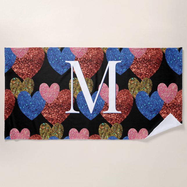 Serviette De Plage Coeurs de parties scintillant Monogramme de glam m (Devant)