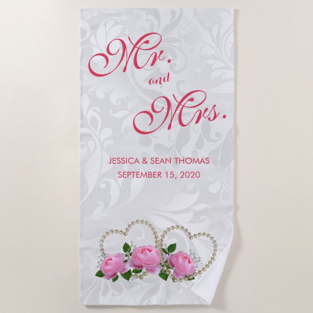 Serviette De Plage Coeurs et roses mariage damassé de perle (Devant)