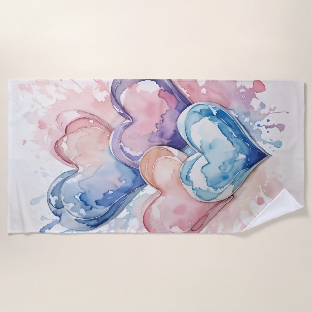 Serviette De Plage Cœurs peints à l'aquarelle  (Devant)