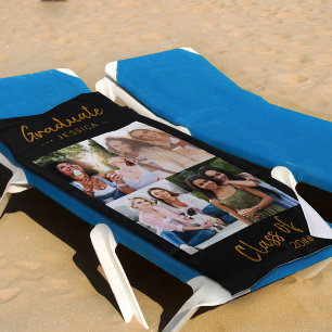 Serviette De Plage Collage photo personnalisé Black Gold Graduation