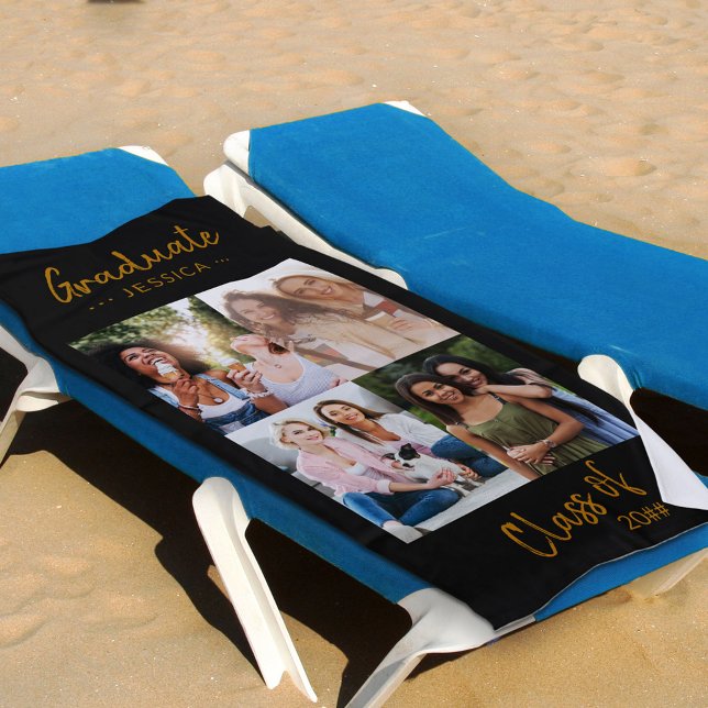 Serviette De Plage Collage photo personnalisé Black Gold Graduation (Créateur téléchargé)