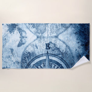 Serviette De Plage Compas vintage   Bleu Grunge carte marine