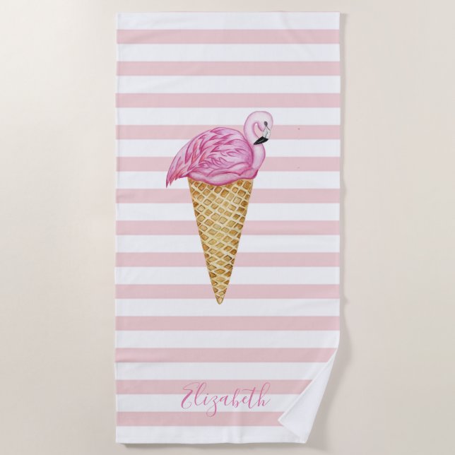 Serviette De Plage Cool Crème de glace Flamant rose Bandes roses (Devant)