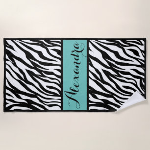 Serviette De Plage Copie de zèbre avec le monogramme turquoise