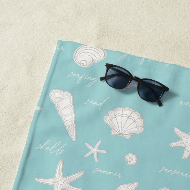 Serviette De Plage Coques Starfish Sun Fun Texte ivoire ID918 (En situation)