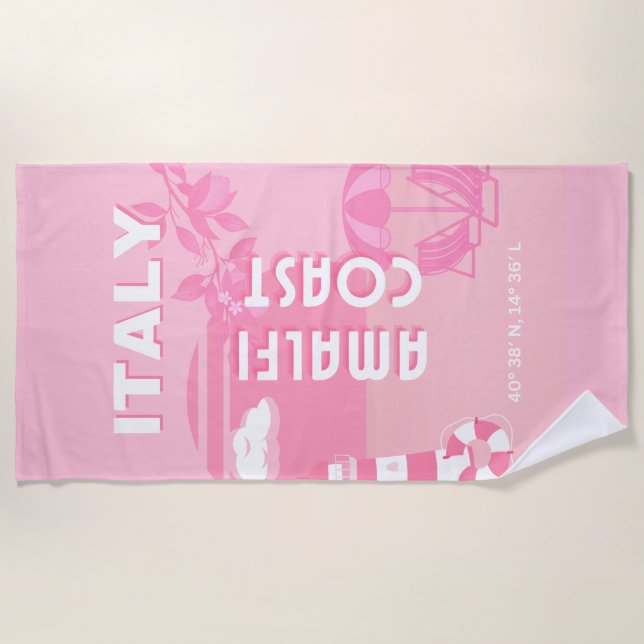 Serviette De Plage Côte d'Amalfi, Art Voyage, Rose (Devant)