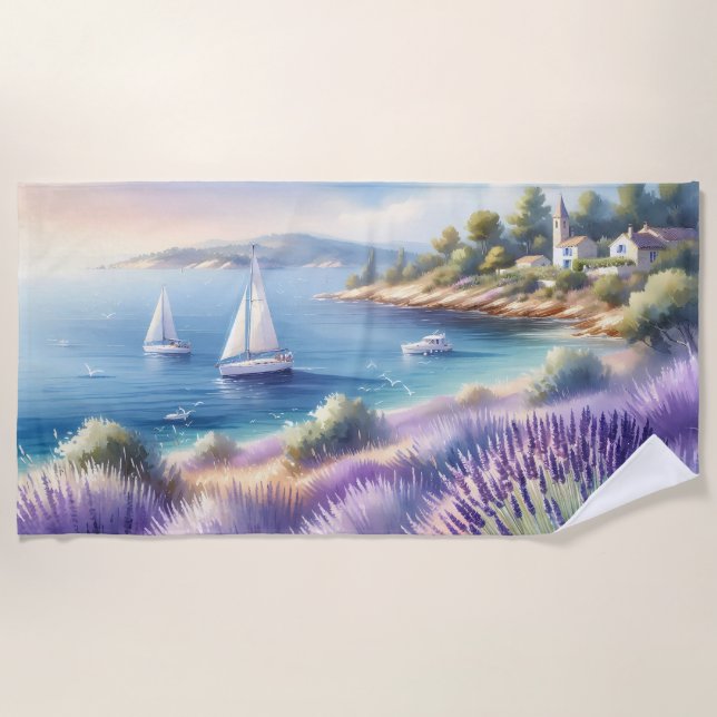Serviette De Plage Côte méditerranéenne de la Lavande avec voiliers (Devant)
