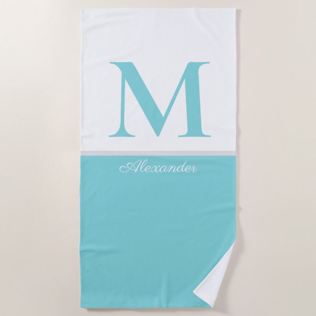 Serviette De Plage Côtière Moderne Bleu Turquoise Blanc Monogramme (Devant)