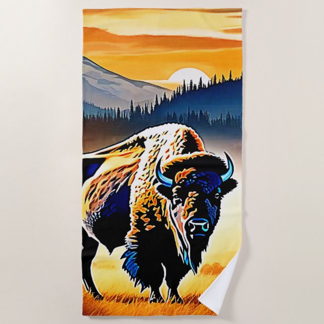 Serviette De Plage Coucher de soleil de bison majestueux (Devant)