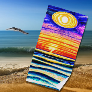 Serviette De Plage Coucher de soleil de plage avec vagues et soleil, 