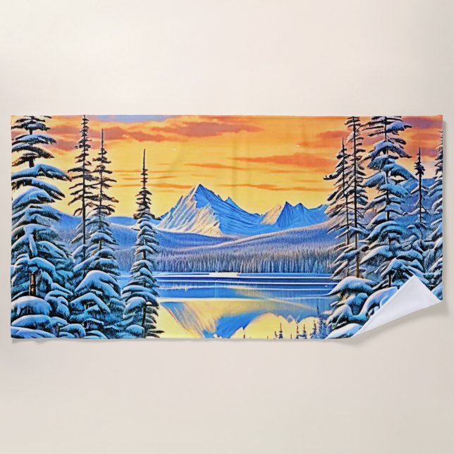 Serviette De Plage Coucher de soleil sur la montagne neigeuse (Devant)