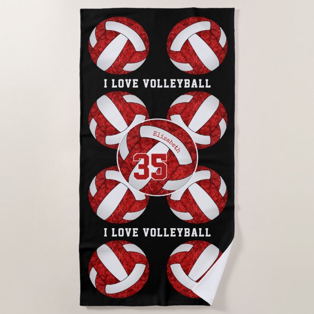Serviette De Plage couleurs d'équipe rouge et blanc J'aime volleyball (Devant)