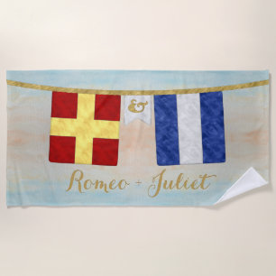 Serviette De Plage Couples d'aquarelle Monogramme Signal maritime Dra