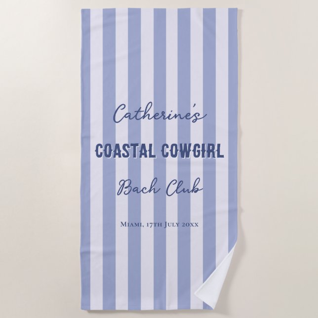 Serviette De Plage Cowgirl Côtière Club Bach Bleu Blanc Rayures (Devant)