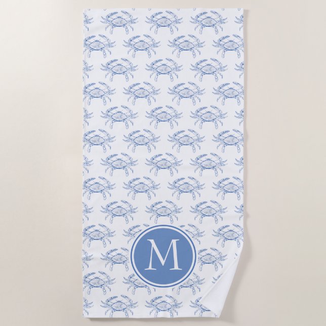 Serviette De Plage Crabes bleus côtiers sur Monogramme blanc (Devant)
