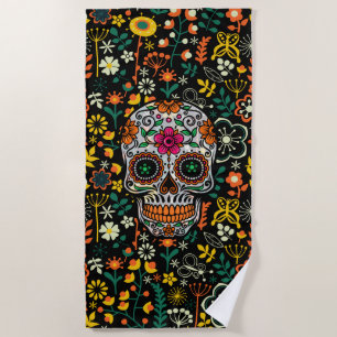 Serviette De Plage Crâne à sucre coloré avec des fleurs rétro Arrière