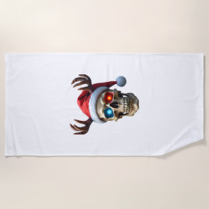 Serviette De Plage Crâne de Noël avec chapeau de Père Noël et bois my