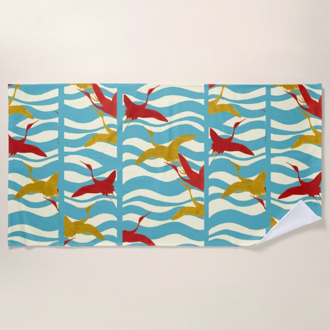 SERVIETTE DE PLAGE CRANES ROUGES JAUNES VOLANTES SUR VAGUES BLANCHES  (Devant)