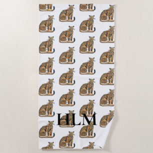 Serviette De Plage Cream Gold Leopards Animal Monogramme